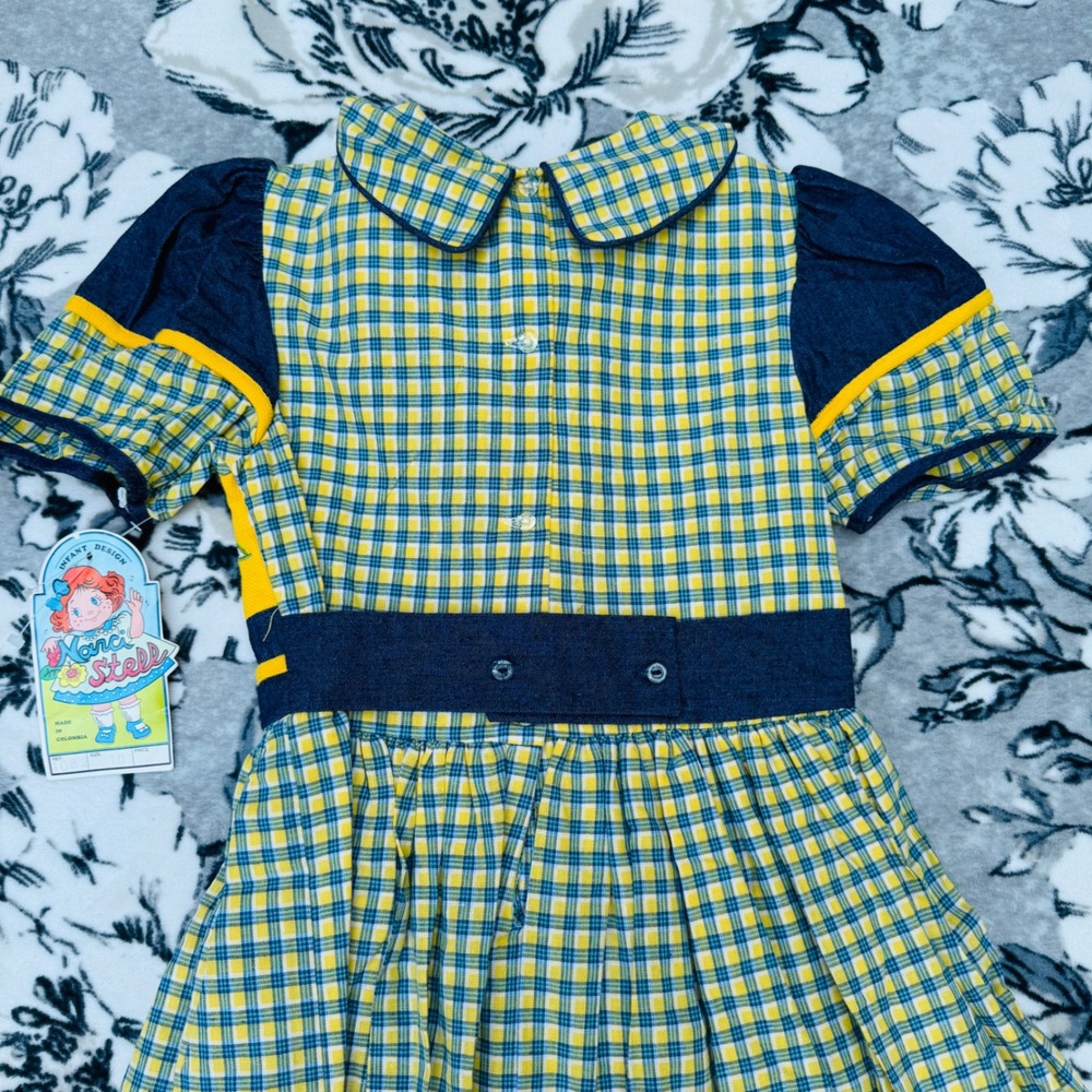 Vintage Narci Stell Dress Kids Size 10 Yellow Blue Plaid New With Tags Folk Lace - Picture 8 of 12